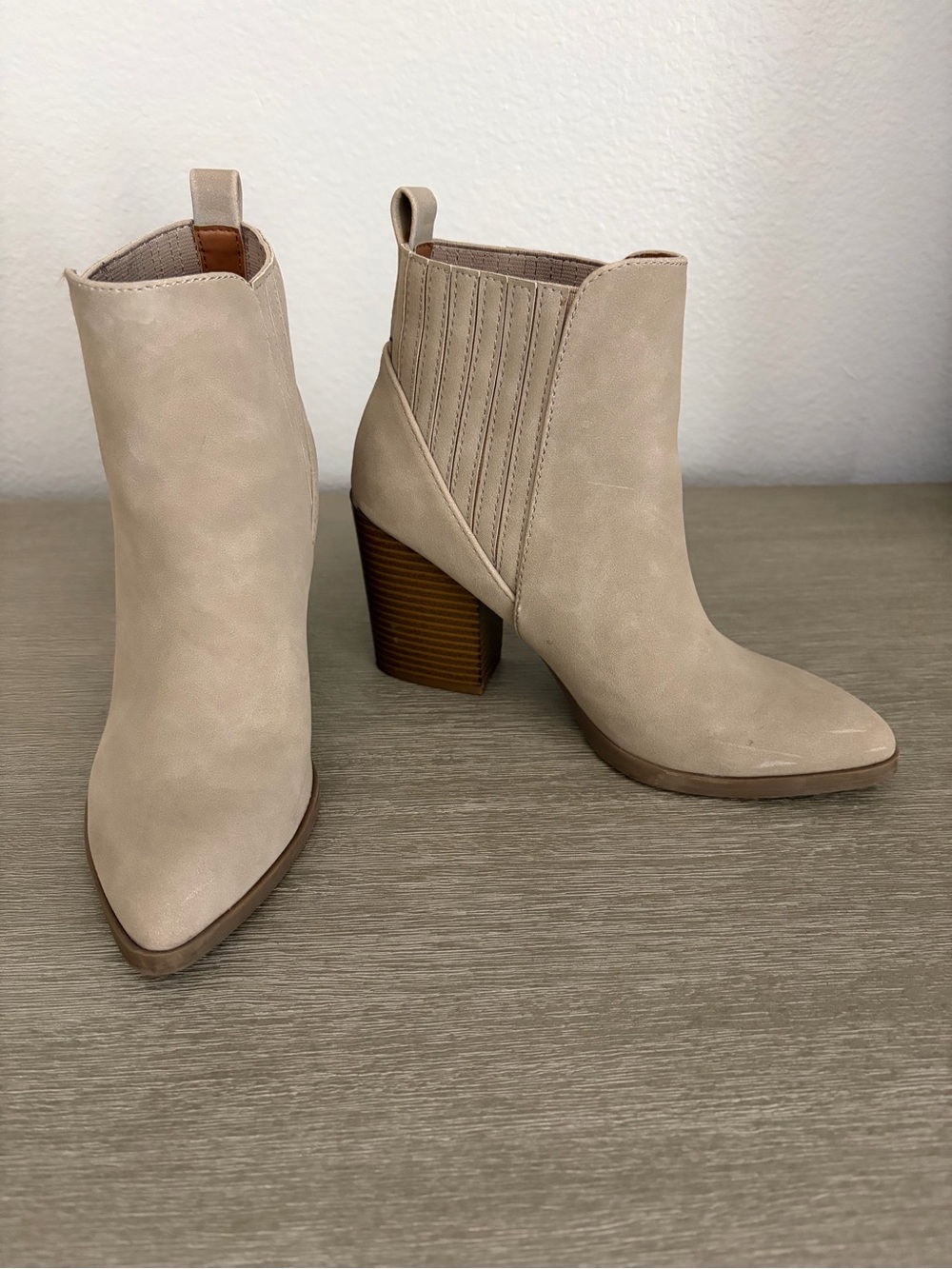 Indigo Taupe Ankle Booties with Stacked Heel